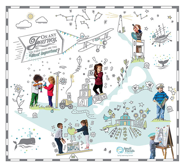 Map graphic with kids and drawings of activities.